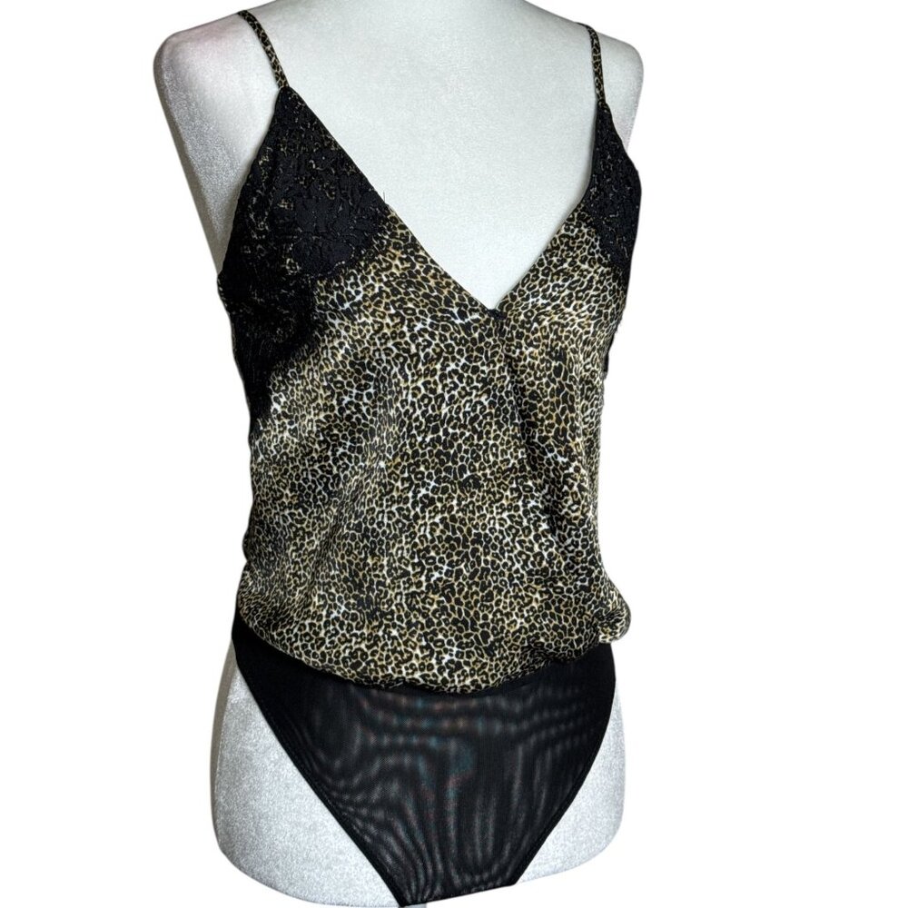 SOCIALITE Size XS Black Leopard Print Spaghetti Strap Bodysuit Stretch Mesh Back